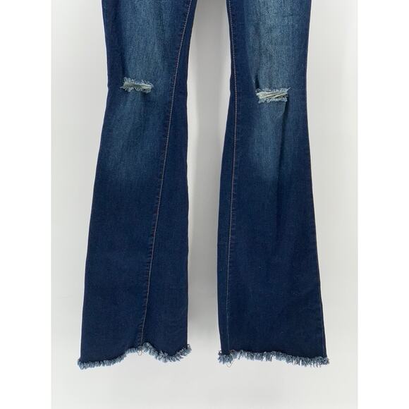 YMI Women's Dark Blue Denim Distressed Frayed Flare Y2K Jeans SZ 1/25 - Picture 6 of 13